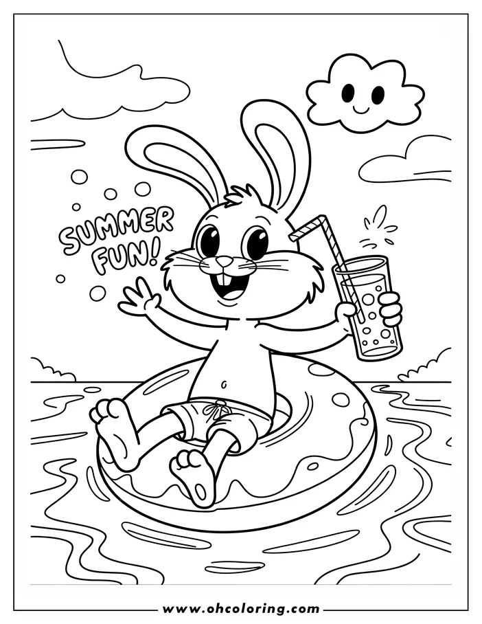 Outline of a cheerful rabbit floating in an inner tube, holding a drink and waving.  A friendly cloud is above.