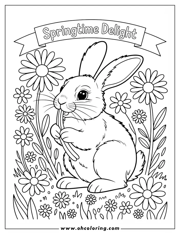 Simple coloring page design of a rabbit sitting among flowers. The rabbit nibbles on a flower stem and is surrounded by daisies. This line art is perfect for a spring-themed coloring activity.