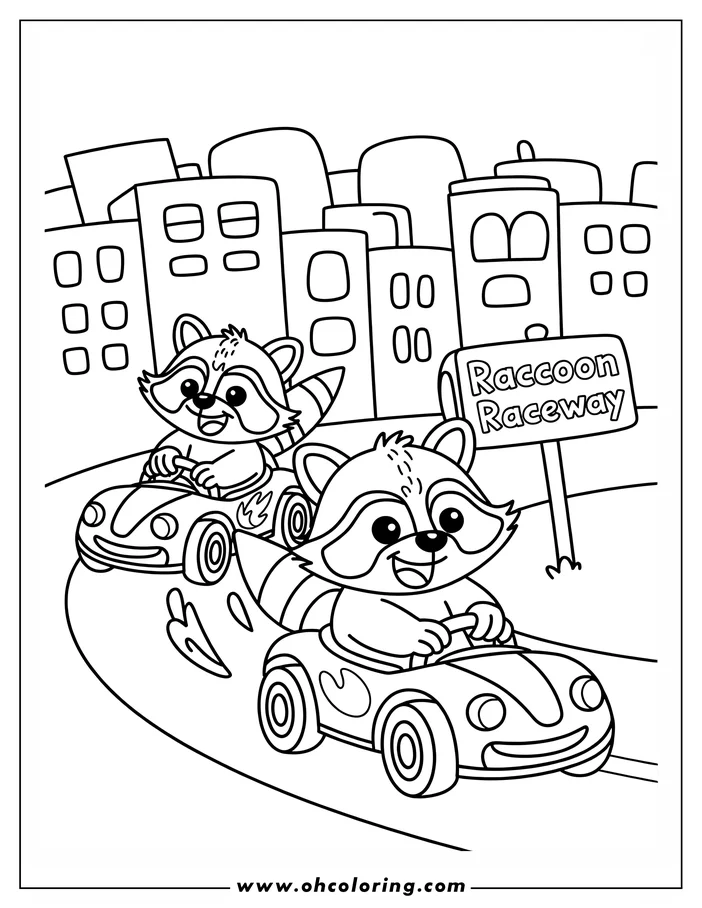 Two raccoons racing in cars at the "Raccoon Raceway" with a city in the background