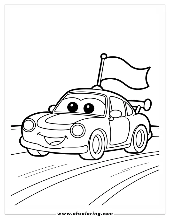 Line art of a cartoon race car with a flag on its roof, driving on a track.