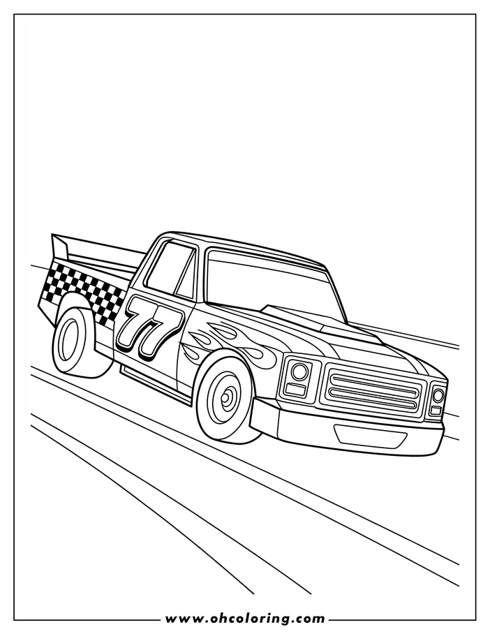 Outline of a race truck speeding along a track with the number 77 displayed