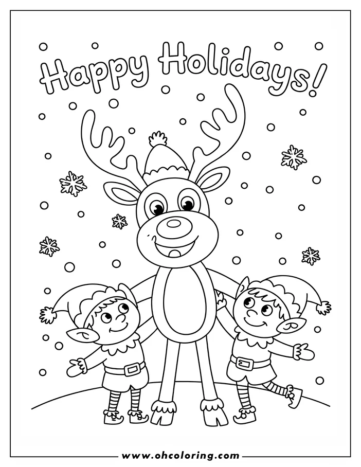Line art of a reindeer with two elves, snowflakes falling around them, with the words 'Happy Holidays' above