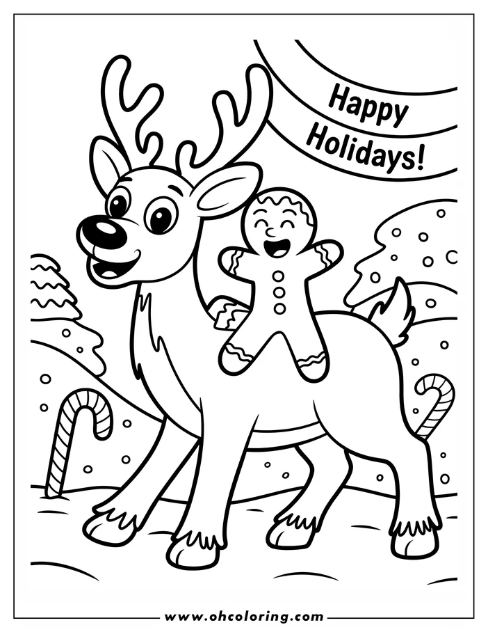 Line art of a reindeer with a gingerbread man riding on its back in a Christmas setting.