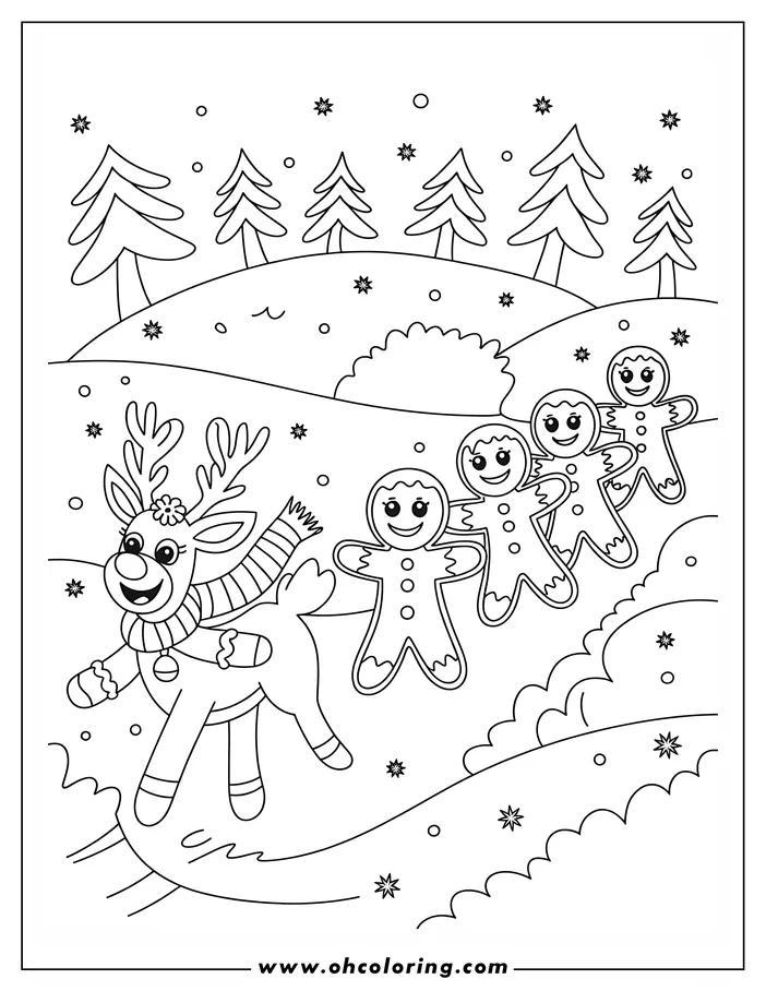 Line art of a reindeer with a scarf and mittens walking through the snow followed by gingerbread men, with trees in the distance.