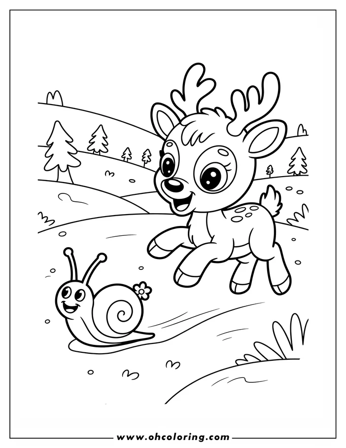 Line art of a reindeer and a snail. The reindeer has large eyes and spots, while the snail carries a small flower. Trees and hills form the background.