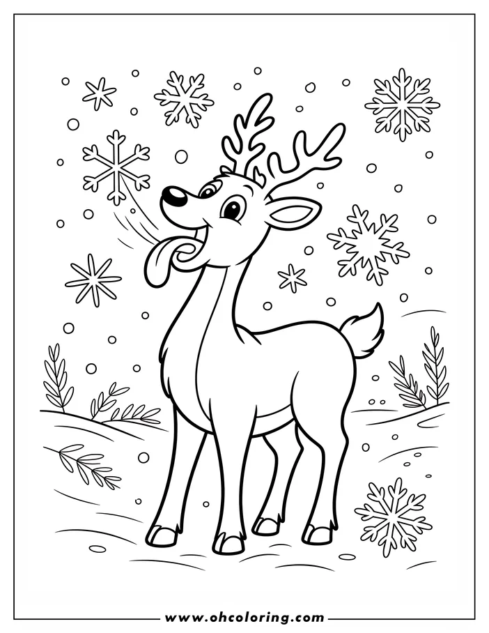 Line art of a reindeer catching snowflakes on its tongue in a snowy landscape.