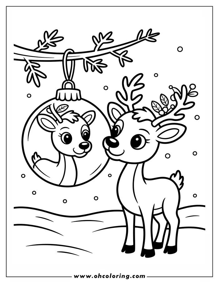 Line art of a reindeer with holly on its antlers looking at another reindeer inside a Christmas ornament hanging from a branch.