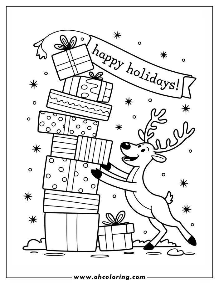 Line art of a reindeer with a stack of Christmas presents.  Another present is on the ground next to the reindeer.  Text at the top says "Happy Holidays!".