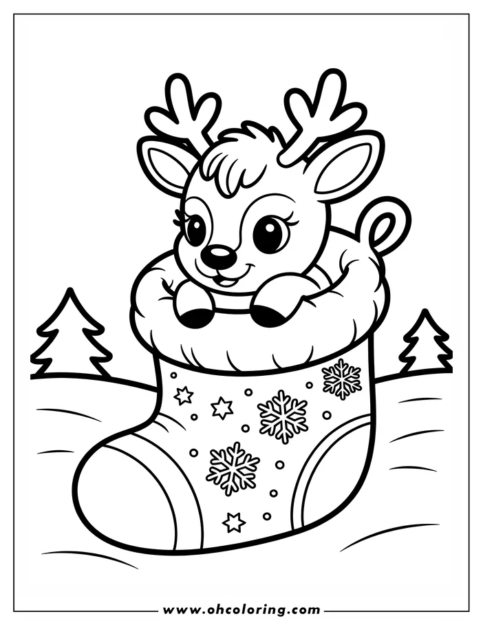 Outline of a cartoon reindeer sitting inside a Christmas stocking decorated with snowflakes and stars, with two small Christmas trees in the background.