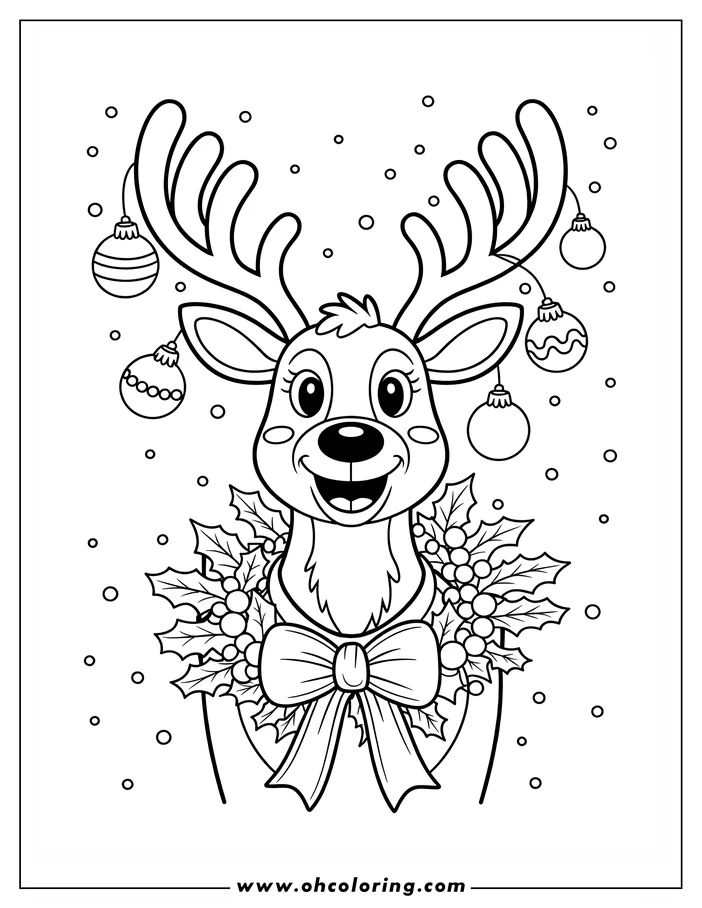 Line art of a reindeer wearing a Christmas wreath adorned with ornaments, holly, and berries. The reindeer has a cheerful expression.