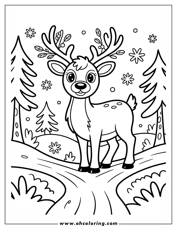 Outline of a reindeer standing in a forest clearing, surrounded by small snowflakes and evergreen trees. Its antlers are decorated with leaves and berries.