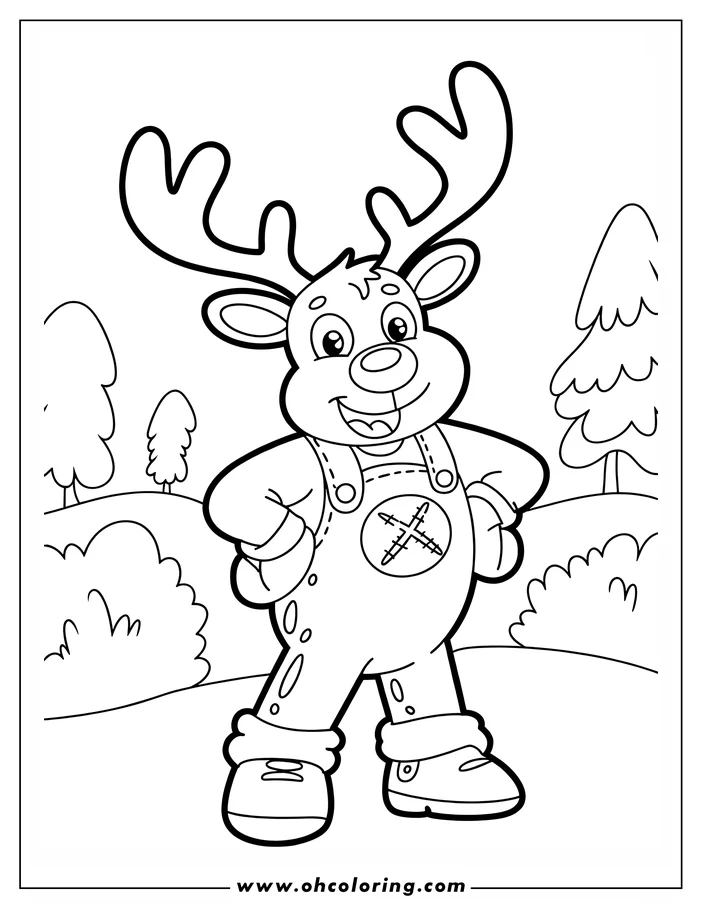 Outline of a cartoon reindeer wearing overalls and standing in a simple outdoor setting.