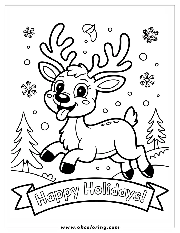 Line art of a playful reindeer running through a snowy scene with trees and a "Happy Holidays!" banner.
