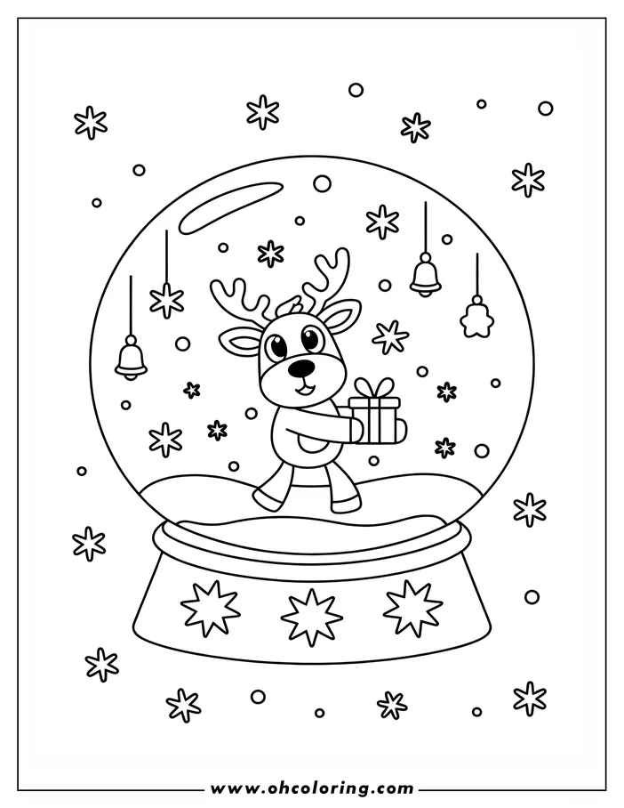 Outline of a reindeer holding a gift, standing inside of a snow globe. Snowflakes and bells also hang from the top of the globe.