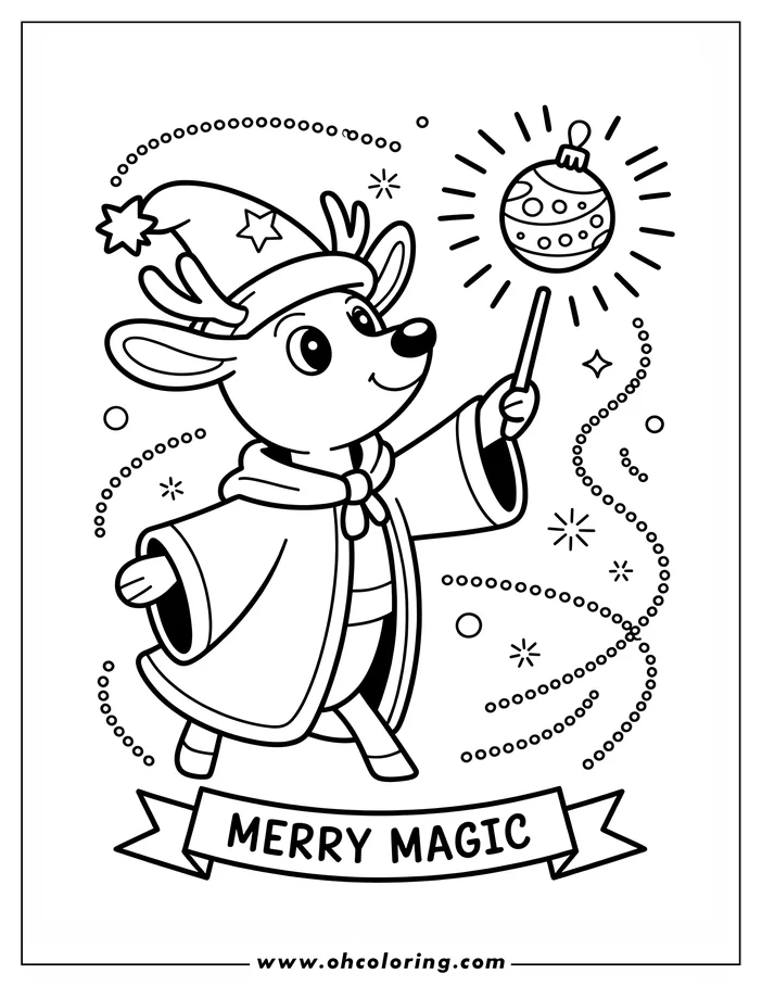 Line art of a reindeer magician holding a wand that is making a Christmas ornament appear. The reindeer wears a wizard hat and cape.