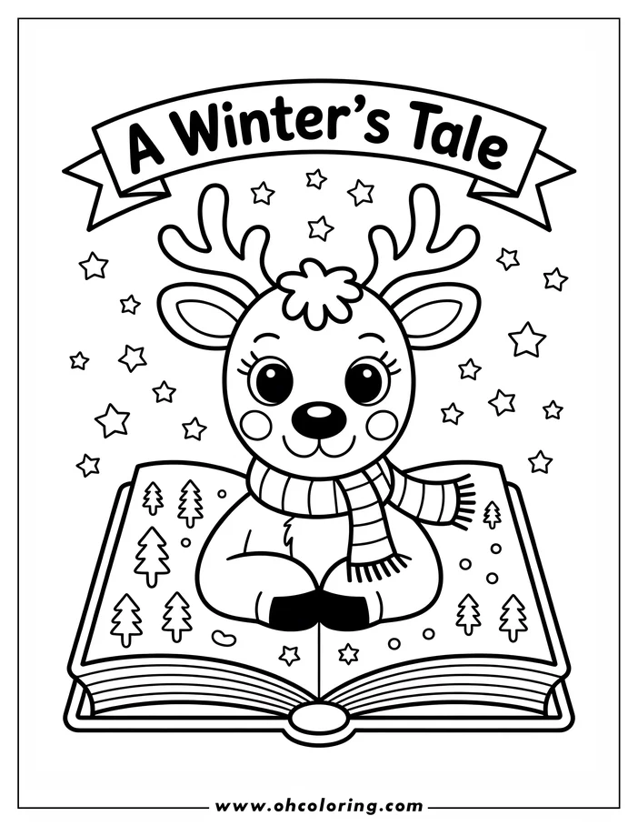 Line art of a reindeer sitting on an open book, wearing a scarf.  Stars and a banner reading 'A Winter's Tale' appear in the background.