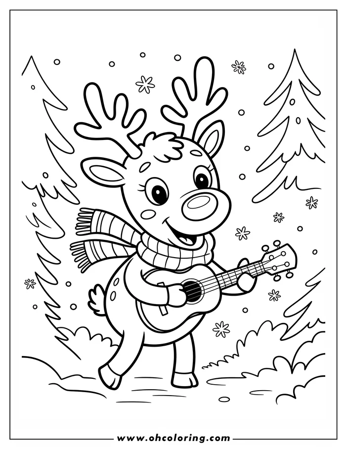 Line art of a reindeer playing a ukulele in a snowy scene with trees and snowflakes.