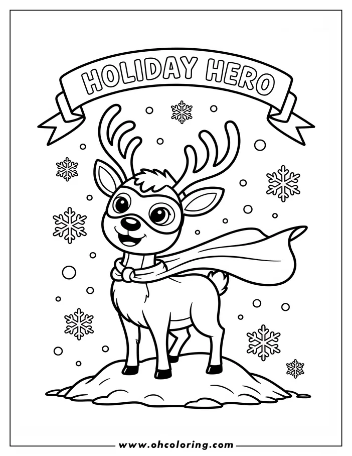 Line art of a reindeer wearing a superhero mask and cape, standing on a patch of snow with snowflakes falling around it.