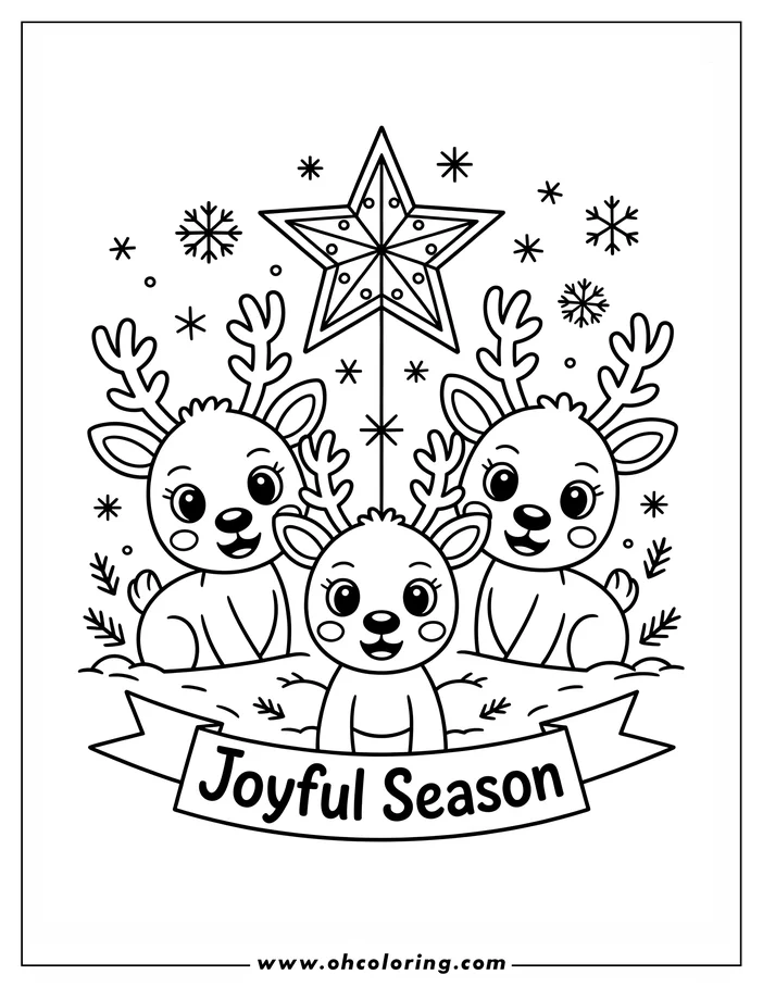 Line art of three reindeer sitting beneath a large star with decorative elements such as snowflakes and pine branches