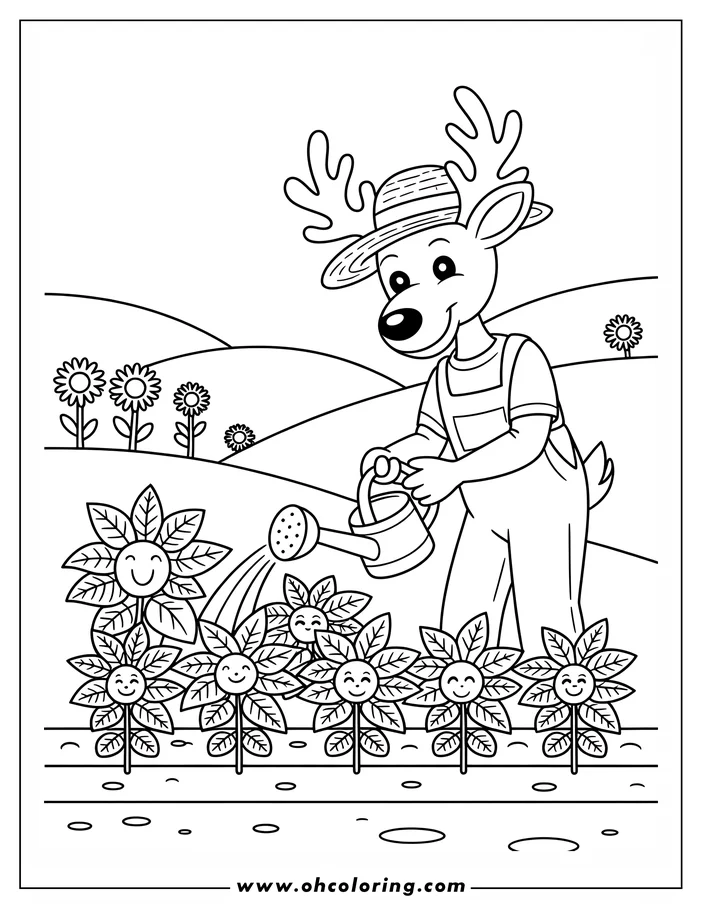 Line art of a reindeer wearing overalls and a hat, watering smiling flowers in a garden with a watering can.