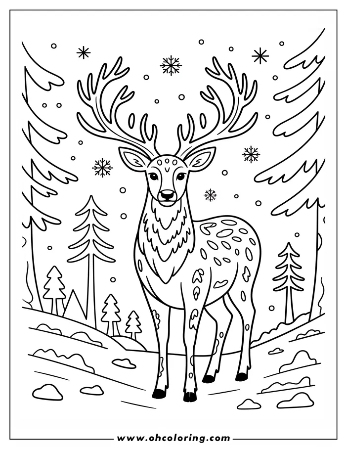 Line art of a reindeer standing in a snowy winter forest setting, ready for coloring. The reindeer has large antlers, spots, and a fluffy mane.  Snowflakes fall around it, and evergreen trees fill the background.