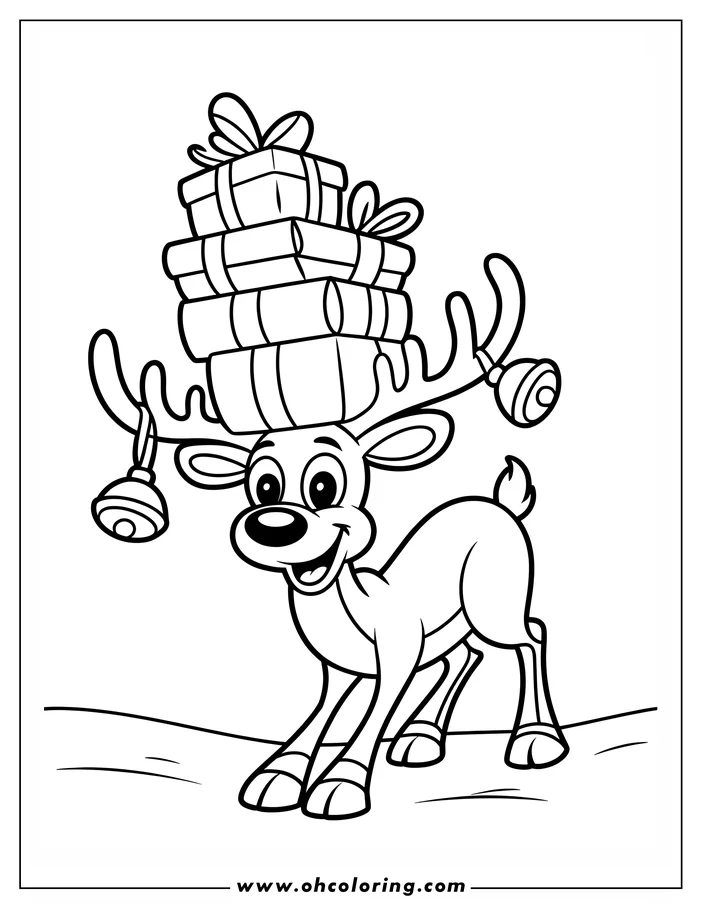 Line art of a reindeer carrying Christmas gifts on its head, with jingle bells hanging from its antlers.