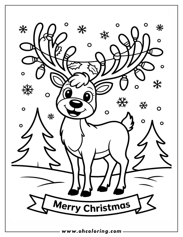 Line art of a reindeer with Christmas lights on its antlers, standing between two pine trees in a snowy landscape.