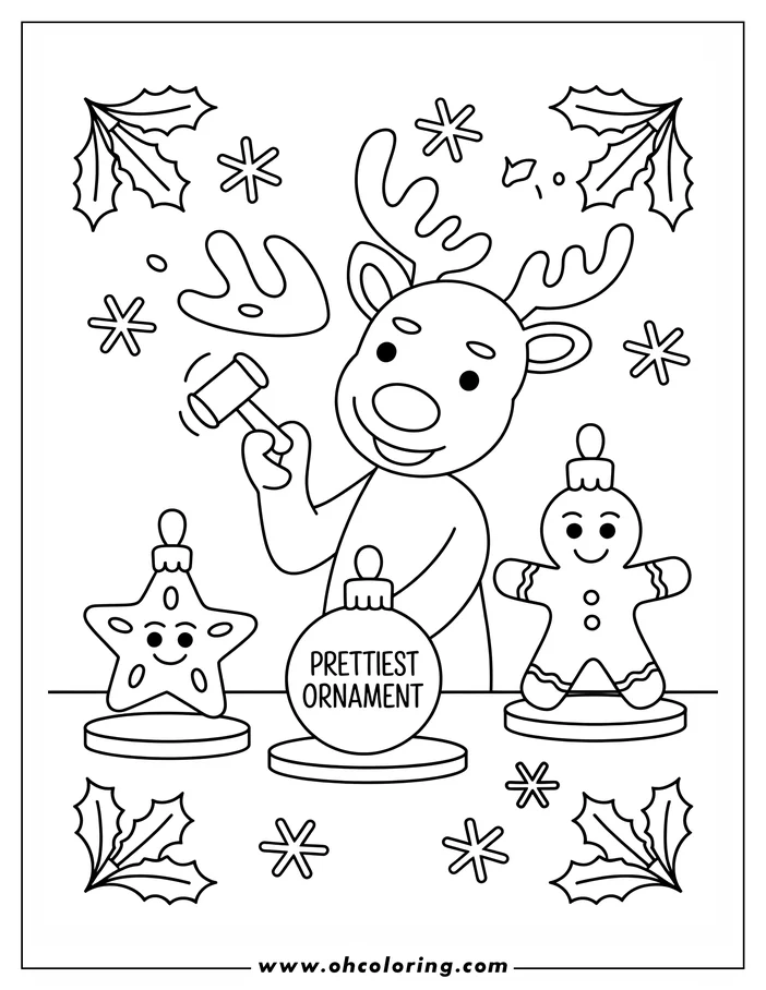 Line art of a reindeer with a mallet, presenting Christmas ornaments including a star, a gingerbread man, and a round ornament marked 'Prettiest Ornament'. Holly leaves and snowflakes surround the scene.