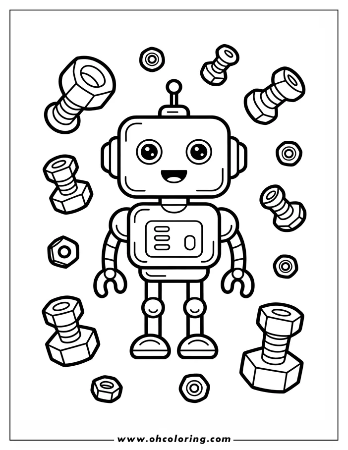 Outline of a friendly cartoon robot surrounded by nuts and bolts.