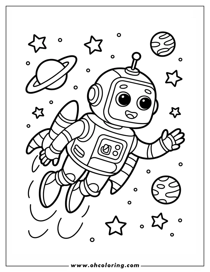 Line art of a friendly robot astronaut floating in space with a rocket pack, surrounded by planets and stars.