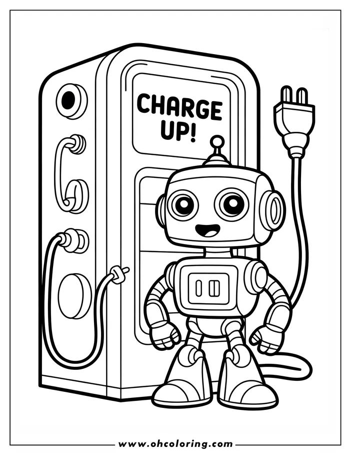 Line drawing of a robot charging up at a charging station. 