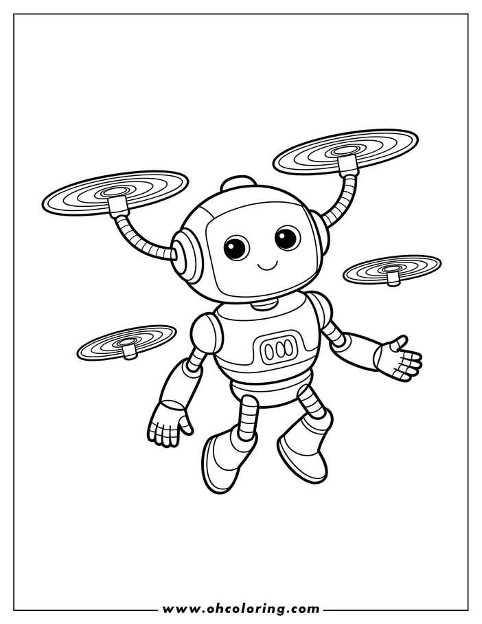 Line drawing of a cartoon robot with propellers attached to its arms, mid-flight.
