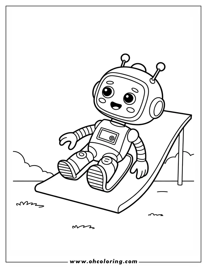 Line art of a friendly robot sitting at the top of a slide, ready to slide down. The robot has large eyes and a smile, two antennae, and striped arms and legs.