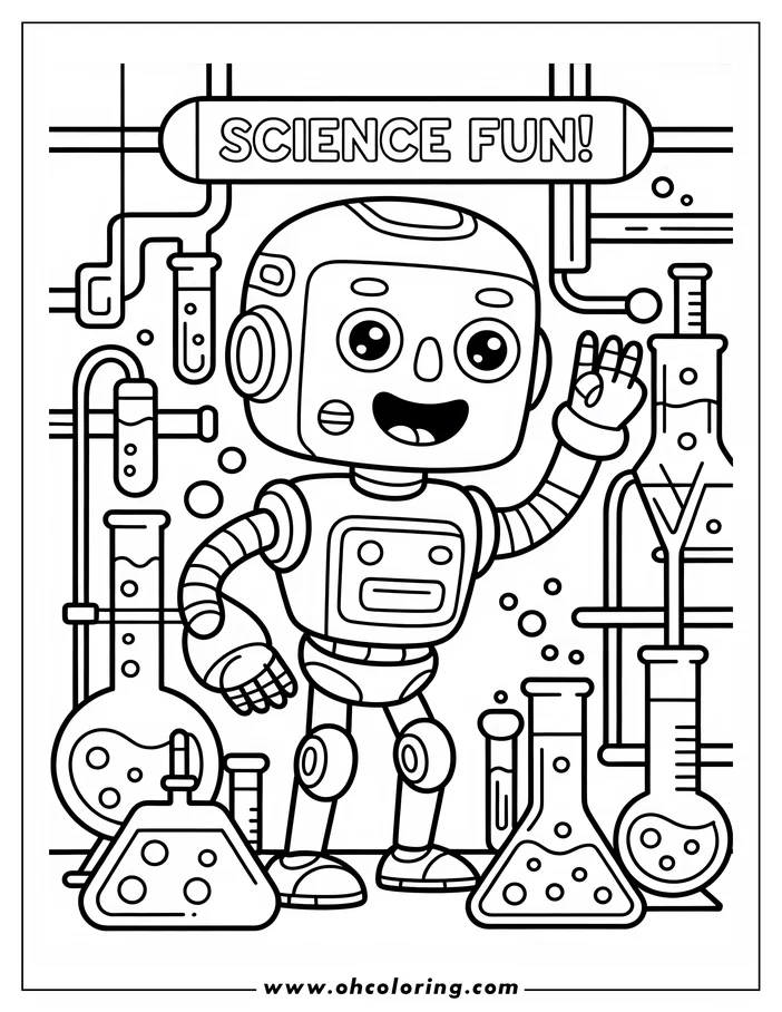 Outline of a cheerful robot waving in a science laboratory filled with beakers and test tubes.