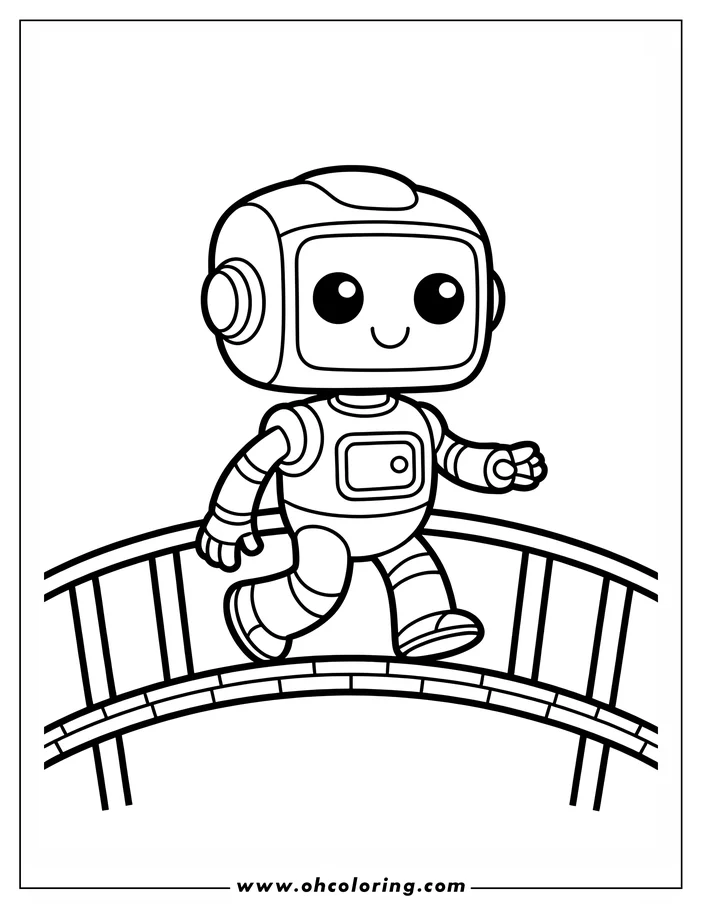 Line art of a cute robot walking across a bridge