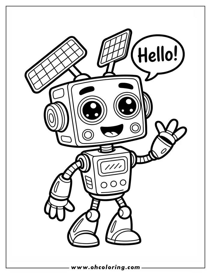 Line art of a friendly, waving robot with solar panels and a speech bubble that says 'Hello!'