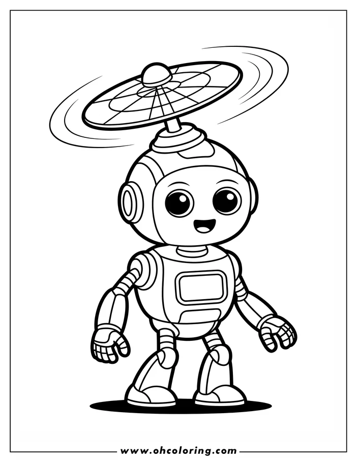 Outline of a cartoon robot with a spinning propeller on its head. The robot has large eyes and simple, jointed limbs.