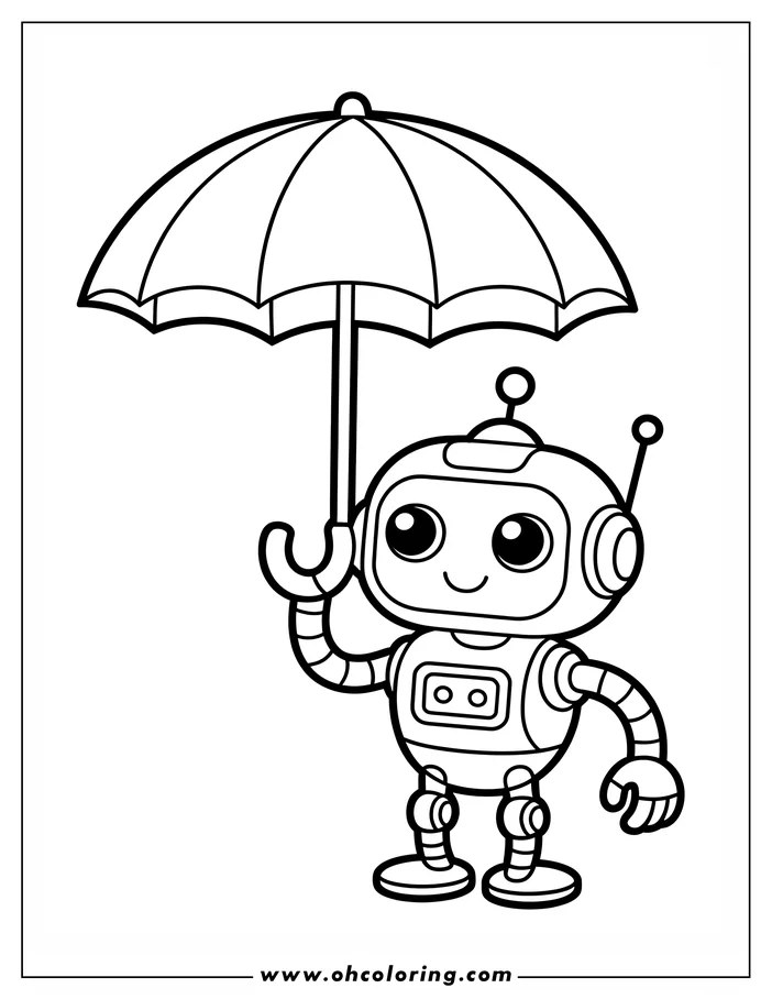Line art of a cute robot holding an umbrella.
