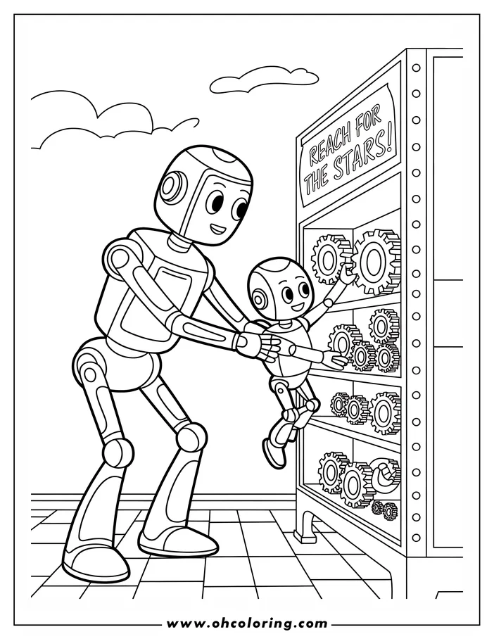 Line art of two robots interacting with a display of gears. The larger robot supports a smaller robot reaching up towards some of the gears on a shelf. Text above the display case reads 'Reach for the Stars!'.