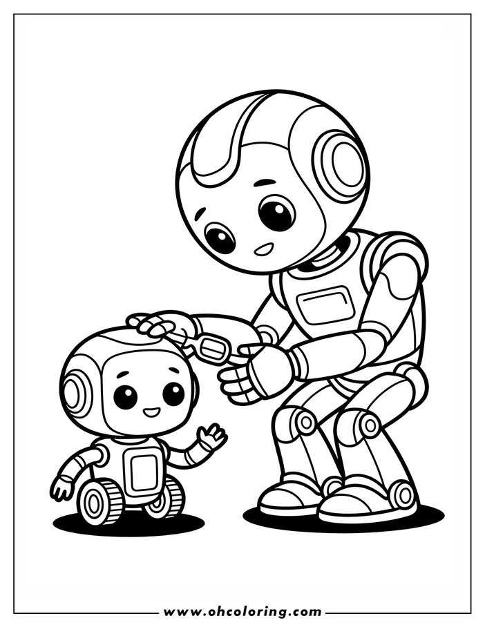 Line art of two friendly robots interacting. The larger robot pats the smaller robot's head. The smaller robot has wheels.