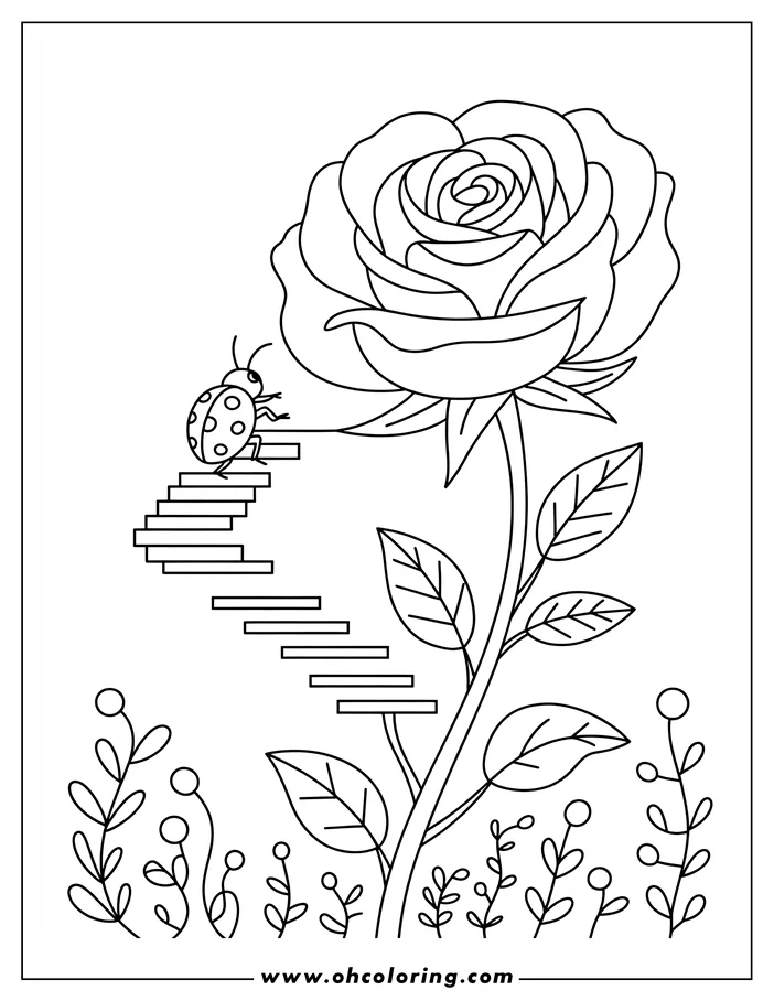 Line art of a ladybug climbing stairs toward a large rose. Small plants create a garden border around the rose's stem. This drawing is designed for coloring and features a ladybug and a rose.