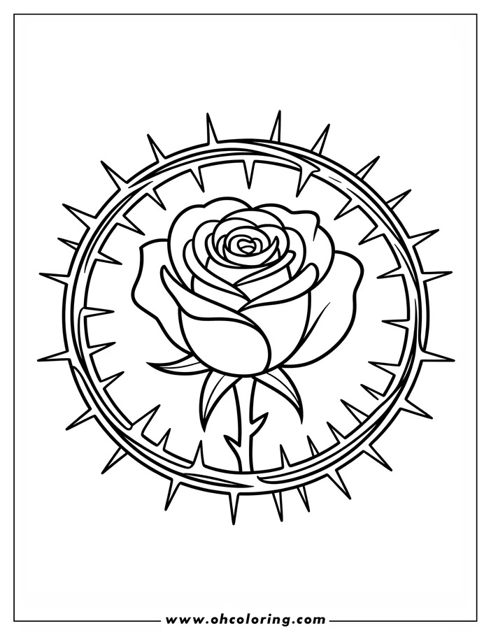 Line art of a rose centered within a crown of thorns, creating a symbolic design suitable for a coloring page.