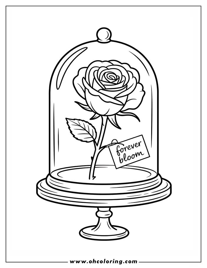 Line art of a rose under a glass dome. The rose has a large bloom, a single leaf, and thorns on its stem. A tag attached to the stem says "forever bloom." This is a design for a coloring sheet.