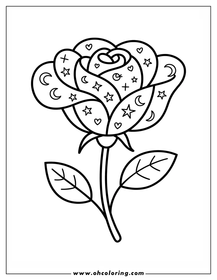 Line art of a rose with celestial designs. The rose's petals contain various shapes, including stars, moons, hearts, and crosses. The stem has two simple leaves. This is a drawing for a coloring sheet.