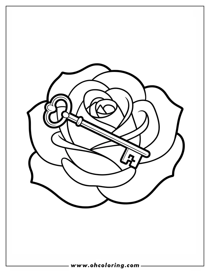 Line art of a rose with a key resting in its petals. This drawing is designed for coloring and features a classically styled rose bloom.