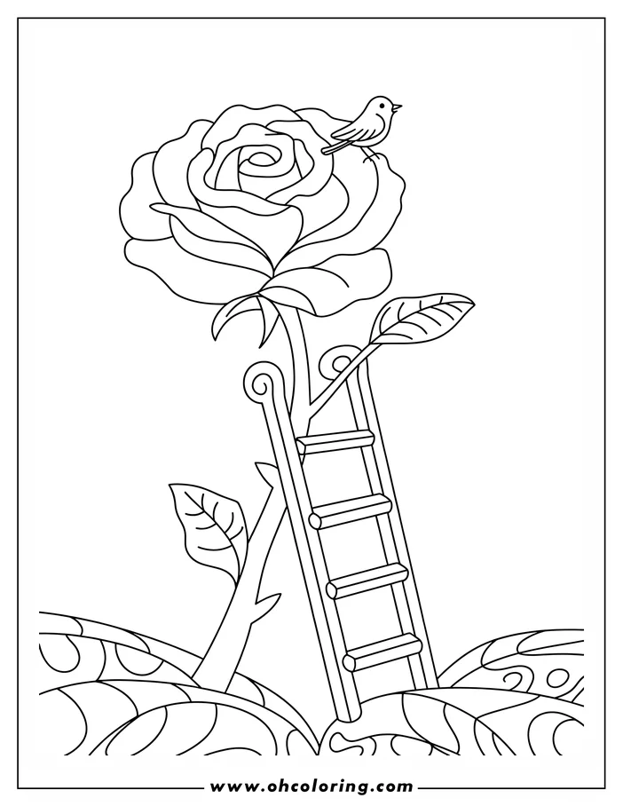 Line art of a large rose with a ladder leaning against it. A small bird perches on a petal. The ground below is covered with patterned foliage. This is a design for a coloring page.