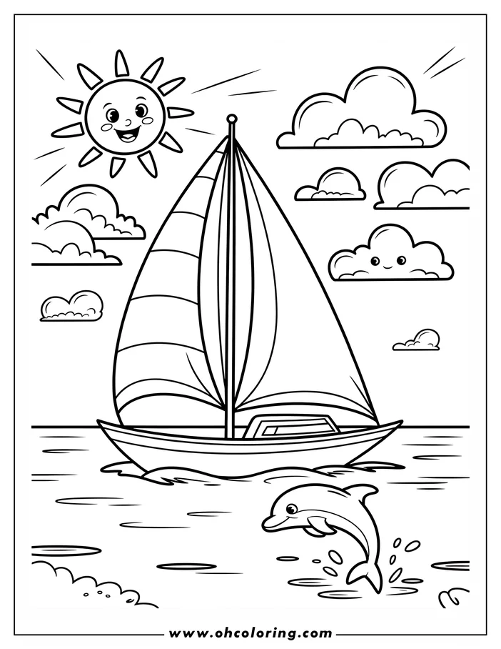 Line art of a sailboat on the ocean with a dolphin leaping and a smiling sun overhead in a summer scene.