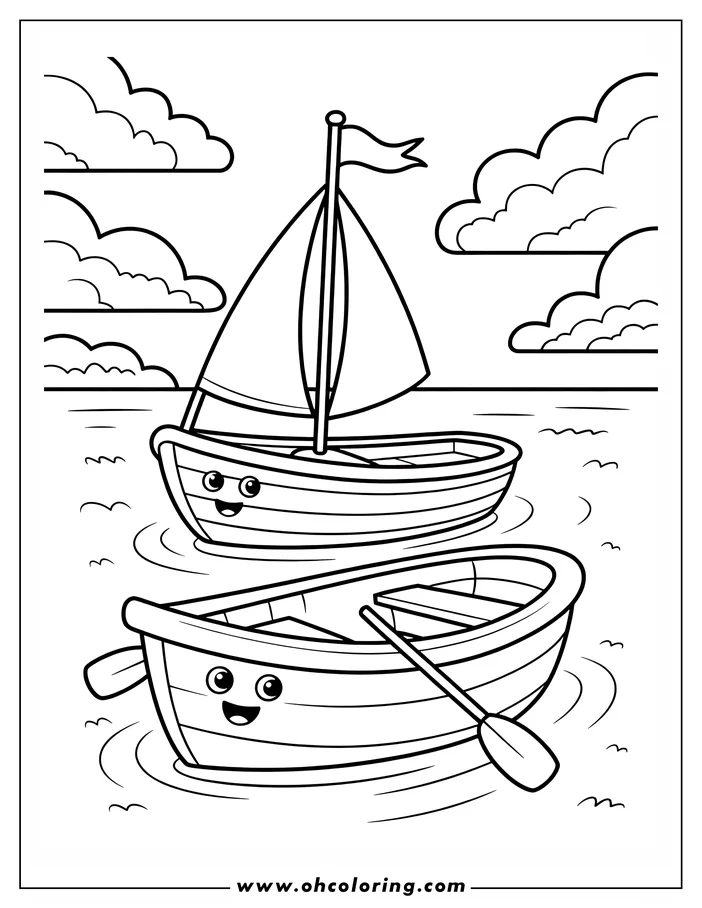 Line art of a sailboat and a rowboat on the water, with clouds in the sky.