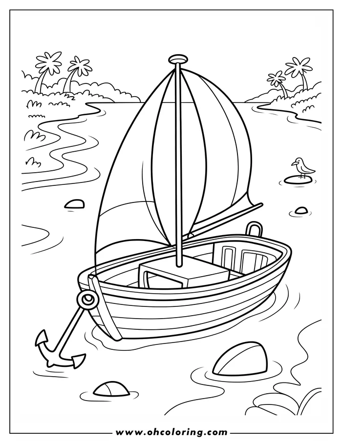 Line art of a sailboat at anchor in shallow water near two tropical islands with a bird perched on a nearby rock.