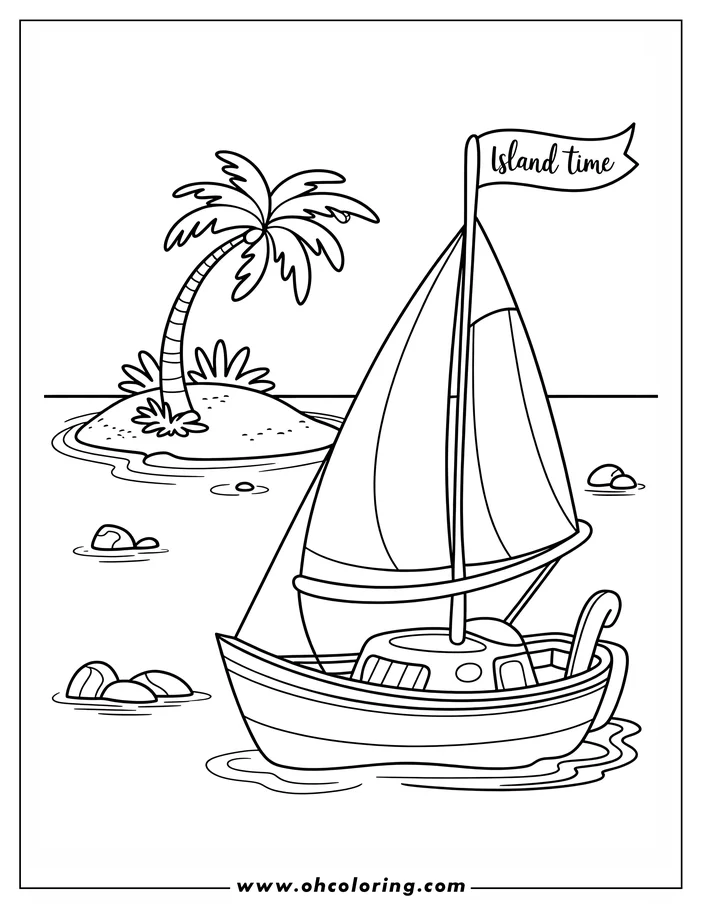 Outline of a sailboat near a tropical island with a palm tree. The sailboat's flag reads 'Island Time'.